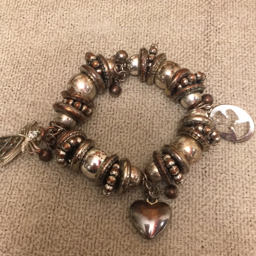 Bronze and Silver Tone Angel/Heart Charm Stretch Bangle